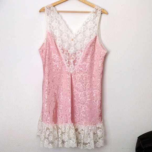 Vintage Other - VINTAGE Val Mode Lingerie Satin Slip Pink Lace Feminine Cottage Core Coquette